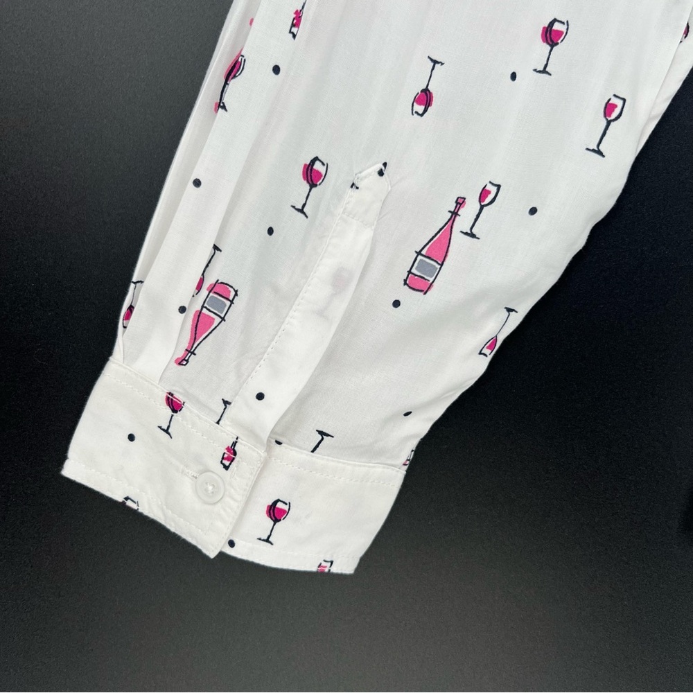 Beach Lunch Lounge Womens Top Wine Theme Print Long Roll Tab Sleeve Button Up - Picture 7 of 14